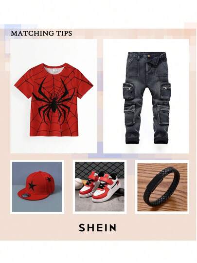 SHEIN بنطلون جينز ضيق مطاطي عالي الجودة من Young Boy Street Cool Distressed Washed Cargo Pocket باللون الأسود، مناسب للأطفال في الربيع/الصيف، ملابس الشارع