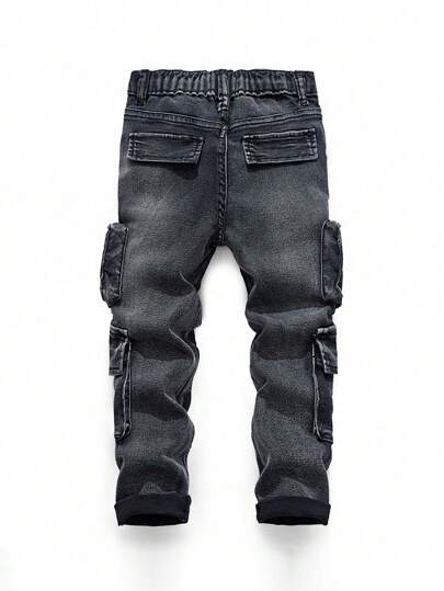 SHEIN بنطلون جينز ضيق مطاطي عالي الجودة من Young Boy Street Cool Distressed Washed Cargo Pocket باللون الأسود، مناسب للأطفال في الربيع/الصيف، ملابس الشارع