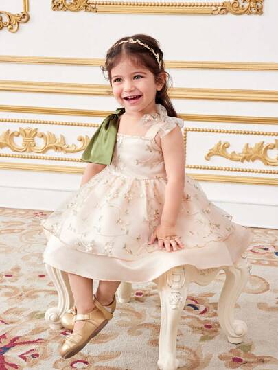 فساتين بيبي فستان أميرة للبنات الرضع من الساتان المطرز بزهور وزخرفة الطرحة والفيونكة الأنيقة