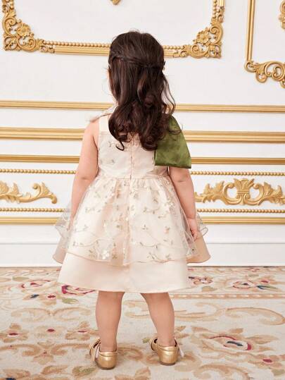 فساتين بيبي فستان أميرة للبنات الرضع من الساتان المطرز بزهور وزخرفة الطرحة والفيونكة الأنيقة