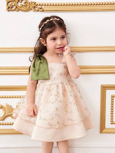 فساتين بيبي فستان أميرة للبنات الرضع من الساتان المطرز بزهور وزخرفة الطرحة والفيونكة الأنيقة