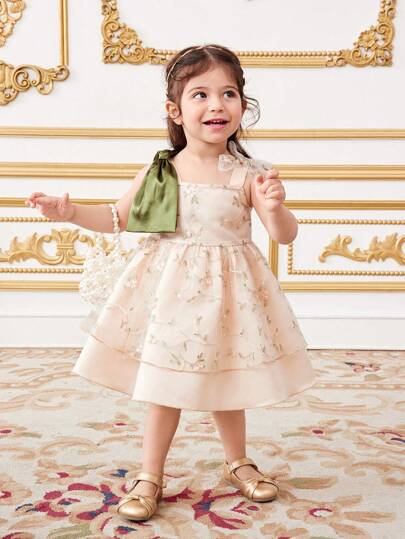 فساتين بيبي فستان أميرة للبنات الرضع من الساتان المطرز بزهور وزخرفة الطرحة والفيونكة الأنيقة