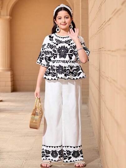 تيشيرتات بناتي طقم فتاة مراهقة كاجوال بوهو مطبوع بزهور قميص وبنطال ساق واسعة قطعتان