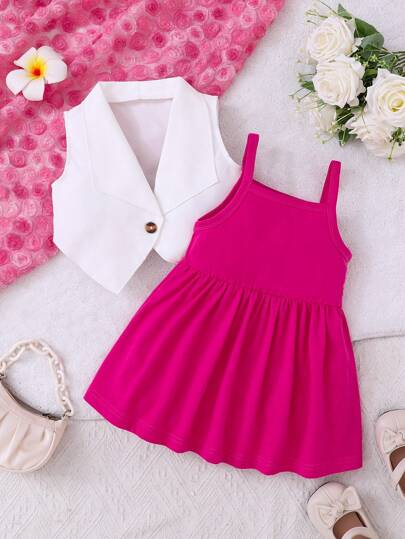 فساتين بيبي فستان صيفي متنوع الإستخدام 2 قطعة لطفلة بشرائط سباغيتي ولون أحادي، مناسب للسفر والرحلات