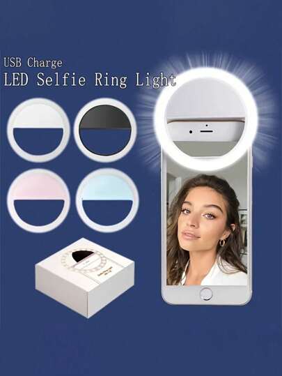 ١ قطعة من مصباح الحلقة السيلفي المحمول باللون الأبيض/الوردي، قابل للشحن USB، مناسب لتصوير السيلفي والبث المباشر، له وظائف تحسين الجمال والبشرة، مصباح محمول للسيلفي