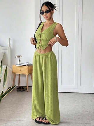 EZwear طقم ملابس علوية للياقة العنق ذات ربطة باللون الأخضر الداكن النسيج المفتول مع بنطلون