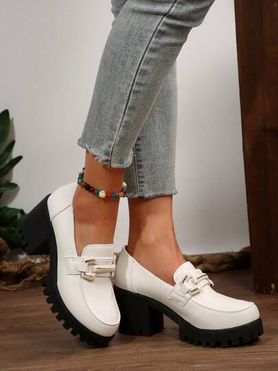 أحذية أوكسفورد حريمي أحذية كعب سميك بنعل سميك مانع للماء، بنقشة سلسلة معدنية، من الجلد الصناعي اكسفورد بنمط بريطاني، أحذية عمل، مقاس صغير بمقدار مقاس واحد