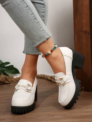 أحذية أوكسفورد حريمي أحذية كعب سميك بنعل سميك مانع للماء، بنقشة سلسلة معدنية، من الجلد الصناعي اكسفورد بنمط بريطاني، أحذية عمل، مقاس صغير بمقدار مقاس واحد