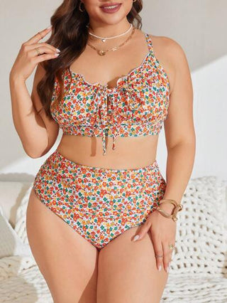 Swim Mod بنطلون قصير وشورت مجموعة بيكيني مناسبة لقياسات كبيرة، طقم ملابس علوية مطبوع بنقشة زهور ورباط خصر وبنطال مجعد للسباحة والشاطئ في فصل الصيف