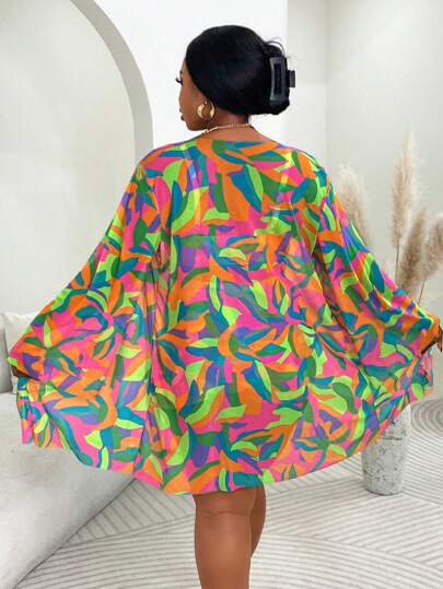 SHEIN Slayr CURVE طقم ملابس سباحة مقاس كبير 3 قطع: ملابس السباحة، غطاء ، طباعة تصميم، ملابس شاطئ كاجوال للعطلات الصيفية، إجازة