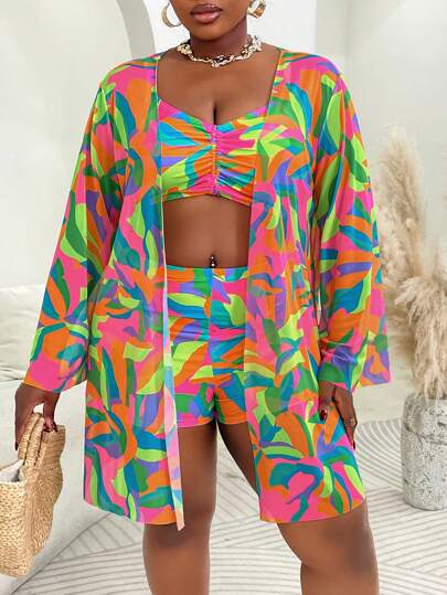 SHEIN Slayr CURVE طقم ملابس سباحة مقاس كبير 3 قطع: ملابس السباحة، غطاء ، طباعة تصميم، ملابس شاطئ كاجوال للعطلات الصيفية، إجازة