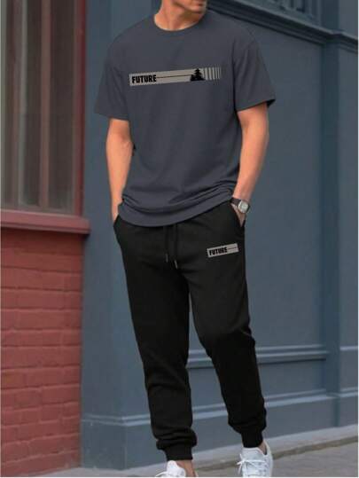 طقم تي شيرت وبنطلون رجالي بطباعة إنجليزية لل- "شجرة الأمل" أنيق وكاجوال، ملابس للاستخدام اليومي