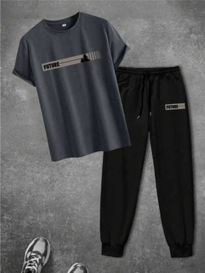 طقم تي شيرت وبنطلون رجالي بطباعة إنجليزية لل- "شجرة الأمل" أنيق وكاجوال، ملابس للاستخدام اليومي