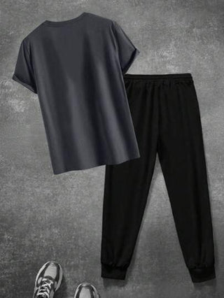 طقم تي شيرت وبنطلون رجالي بطباعة إنجليزية لل- "شجرة الأمل" أنيق وكاجوال، ملابس للاستخدام اليومي