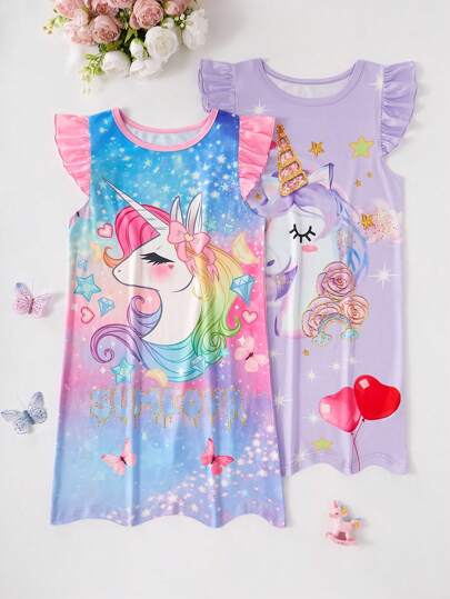 بيجاما مجموعة بيجامة ليلية طويلة مطبوعة بصور وحيد القرن الكرتونية الجميلة للبنات، تصميم الياقة المستديرة والأكمام البيشوب