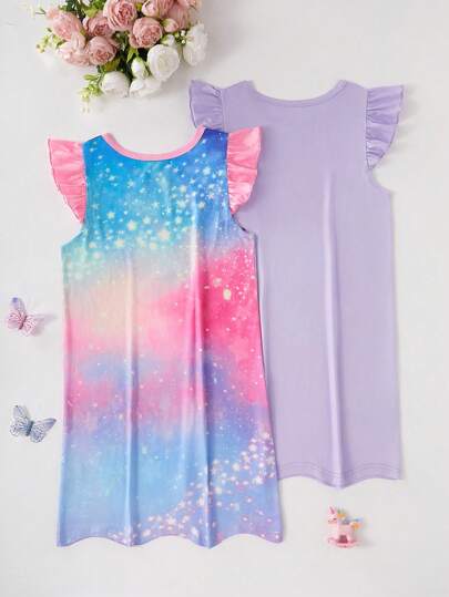 بيجاما مجموعة بيجامة ليلية طويلة مطبوعة بصور وحيد القرن الكرتونية الجميلة للبنات، تصميم الياقة المستديرة والأكمام البيشوب