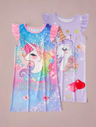 بيجاما مجموعة بيجامة ليلية طويلة مطبوعة بصور وحيد القرن الكرتونية الجميلة للبنات، تصميم الياقة المستديرة والأكمام البيشوب