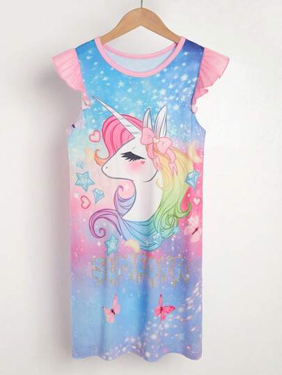 بيجاما مجموعة بيجامة ليلية طويلة مطبوعة بصور وحيد القرن الكرتونية الجميلة للبنات، تصميم الياقة المستديرة والأكمام البيشوب