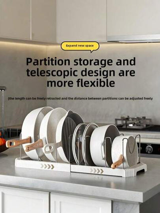 قطعة واحدة من منظم مطبخ قابل للتمدد مع رف غطاء القدر، حامل أدوات المطبخ، وعاء، طبق، غطاء، رف، صحن، رف تصريف ودرج قابل للسحب - حل تخزين موفر للمساحة، مثالي لتخزين وتنظيم المطبخ في المنزل والمطعم