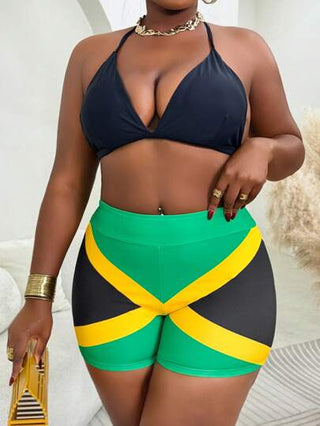 SHEIN Swim Vcay بيكيني بتصميم محجوز ملون على طراز كرنفال جامايكي للمقاسات الكبيرة، ملابس سباحة مناسبة للاستمتاع بالإجازة الصيفية على الشاطئ
