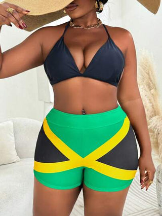 SHEIN Swim Vcay بيكيني بتصميم محجوز ملون على طراز كرنفال جامايكي للمقاسات الكبيرة، ملابس سباحة مناسبة للاستمتاع بالإجازة الصيفية على الشاطئ