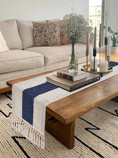 قطعة واحدة من عداء الطاولة الماكرامية البوهيمي لديكور المنزل ، عداء طاولة ماكرامي كريمي وبني بشرابات للديكور البوهيمي لغرفة الطعام والنوم ،عشاء ريفي ،حمام عروس،عداء طاولة ريفي،قطعة، ديكور وعيد الميلاد (متعدد المقاسات متوفر)