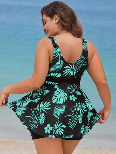 Swim Lushoire بدلة بمقاس كبير للنساء 2قطعة/مجموعة طباعة عشوائية، كروب توب بدون أكمام وشورت بخصر مرتفع مجموعة تانكيني، ملابس سباحة كاجوال عصرية للشاطئ