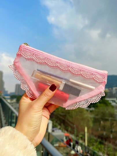 حقيبة مكياج قطنية خاصة باللون الزهري، جراب تخزين بتصميم فريد، حقيبة مستحضرات تجميل شبكية محمولة، حقيبة أدوات كتابية شبكية - ضروريات هدايا جوهرية للفتيات المرتبات للسفر والمستحضرات والتنظيم والأظافر