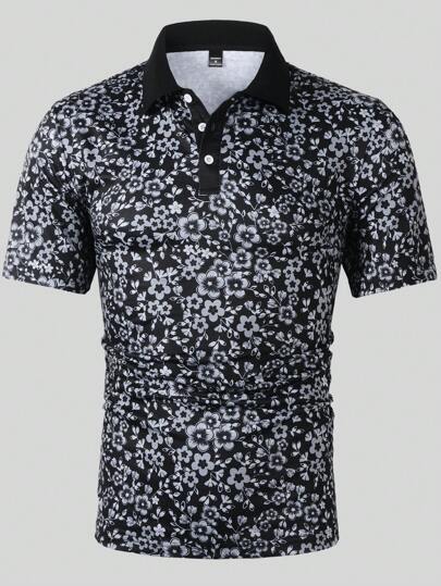 Manfinity Homme قميص بولو كاجوال كم قصير بسيط اللون أمام مع أزرار أسفل الرقبة للرجال