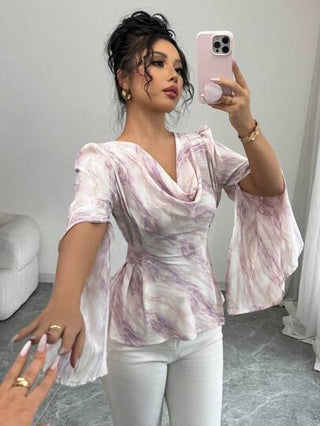 Modelyn بلوزة نسائية فضفاضة بأكمام طويلة وربطة خصر باللون البنفسجي
