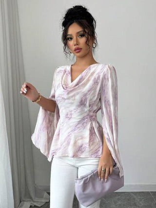 Modelyn بلوزة نسائية فضفاضة بأكمام طويلة وربطة خصر باللون البنفسجي