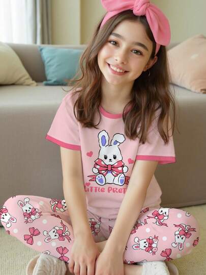 بيجاما ملابس نوم كاجوال قصيرة الأكمام بطباعة أرنب وقوس كرتوني لطيف للفتيات المراهقات، وردي، ربيع/صيف
