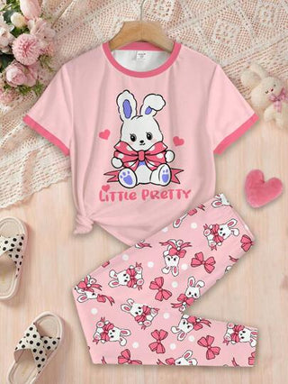 بيجاما ملابس نوم كاجوال قصيرة الأكمام بطباعة أرنب وقوس كرتوني لطيف للفتيات المراهقات، وردي، ربيع/صيف