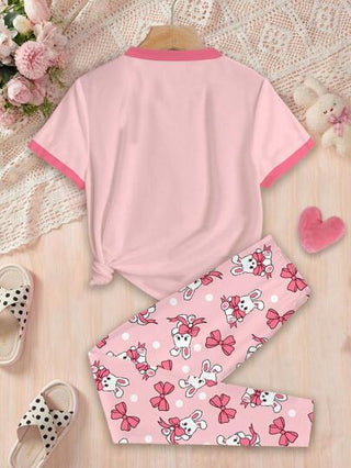 بيجاما ملابس نوم كاجوال قصيرة الأكمام بطباعة أرنب وقوس كرتوني لطيف للفتيات المراهقات، وردي، ربيع/صيف