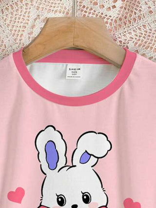 بيجاما ملابس نوم كاجوال قصيرة الأكمام بطباعة أرنب وقوس كرتوني لطيف للفتيات المراهقات، وردي، ربيع/صيف