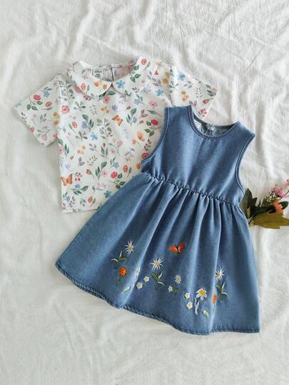 فساتين بيبي Vintaside Kids طقم فستان كاجوال مكون من ملابس علوية كم قصير مطبوعة بالورد مع صدرية بياقة بيتر بان، مقترنة بفستان جينز مطرز عصري، مناسب للمنزل والعطلات والتجمعات والمناسبات الكاجوال