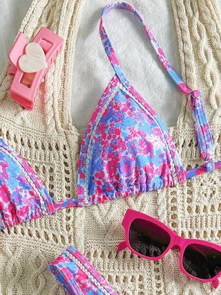 Swim Mod بدلة سباحة نسائية ذات طبعة زهرية عشوائية مع كشكشة وخصر عالي مرتفع، وأربطة قابلة للتعديل، طقم بكيني بحمالات سباغيتي قطعتين لعطلة الشاطئ والربيع