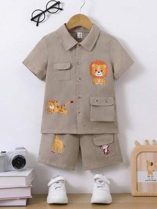 X JIMENA & MATEO مجموعة ملابس علوية كتف قصيرة وشورت طبعة أسد لطيف للصبي الصغير للألعاب الرياضية في الهواء الطلق في الصيف