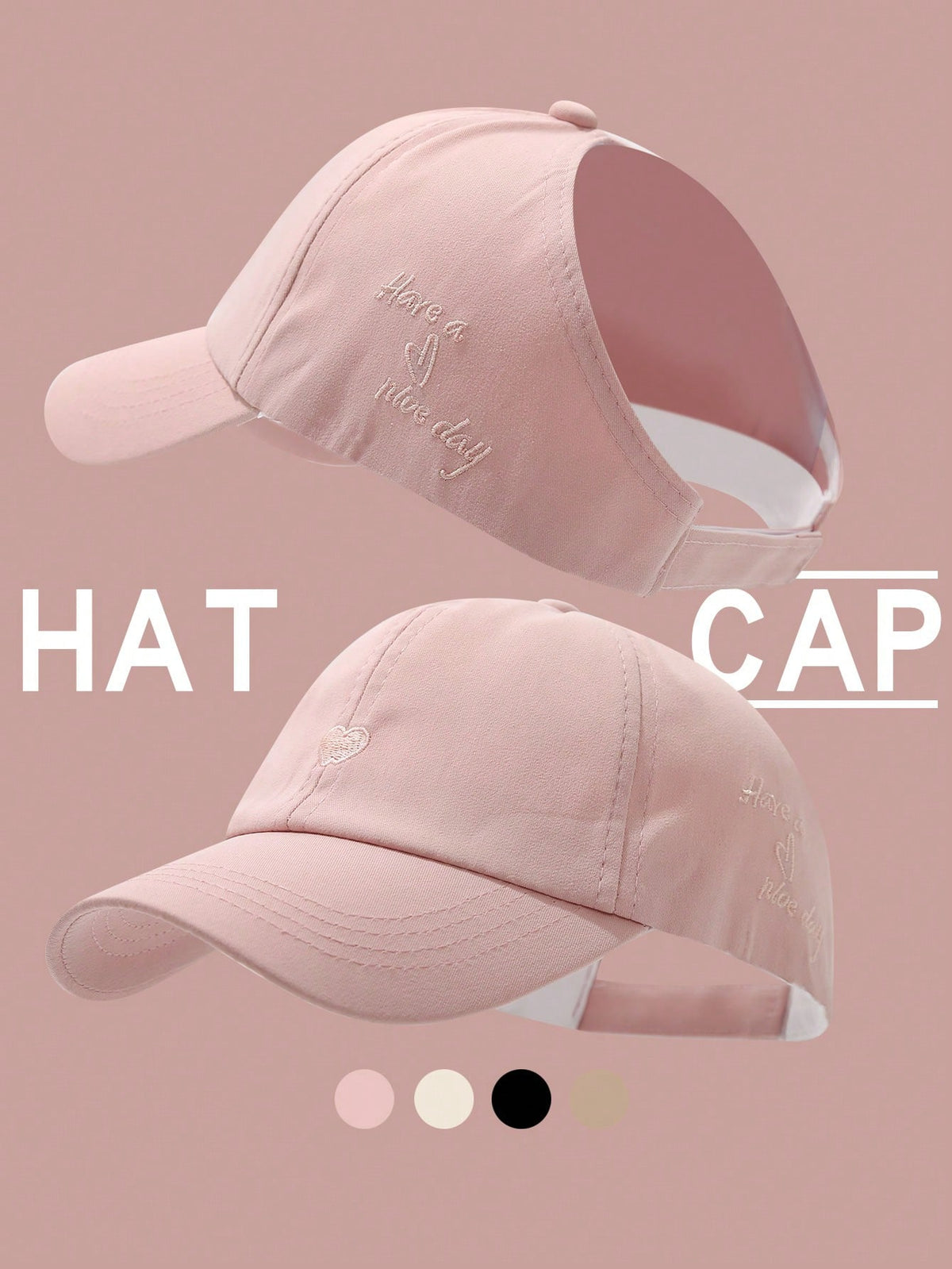 قبعة بيسبول نسائية بفتحة لخصلة الشعر مطرزة بشكل قلب، قبعة شمس متعددة الاستخدامات للصيف'