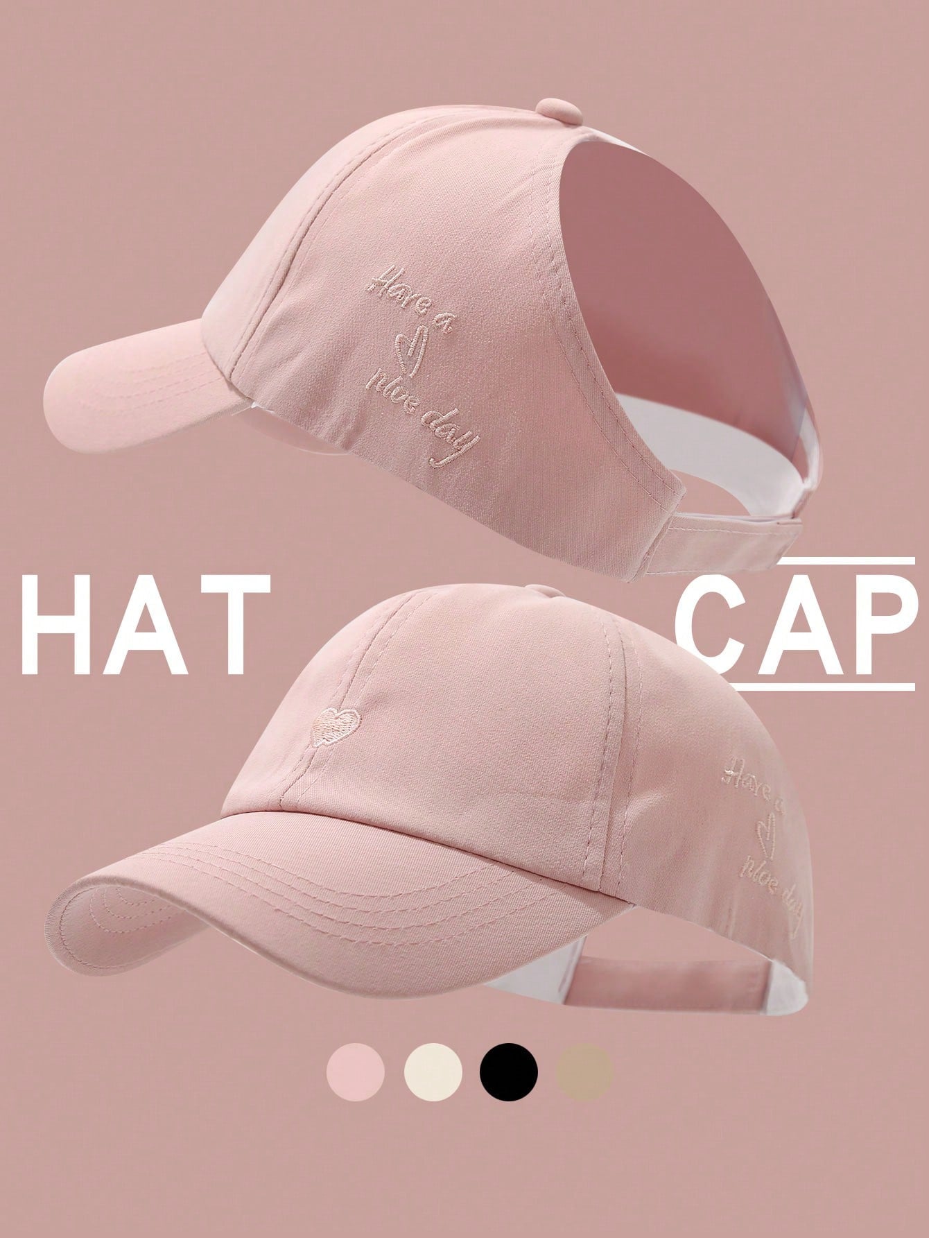 قبعة بيسبول نسائية بفتحة لخصلة الشعر مطرزة بشكل قلب، قبعة شمس متعددة الاستخدامات للصيف'