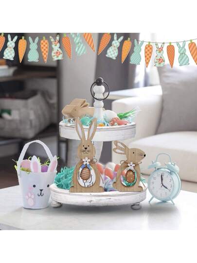 ديكورات عيد الفصح للمنزل؛ قطع أرنب خشبية ريفية مع بيض لإكسسوارات طبقات مائدة عيد الفصح، ديكورات عيد الفصح للربيع السعيد للحفلات المنزلية الداخلية، ديكورات طاولة عيد الفصح، هدايا عيد الفصح ل