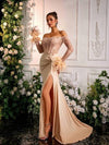 Glamrae فستان سهرة أنيق طويل الأكمام مع علامات تزيين على الكتف، شق طويل وشراشيب بأسلوب الحورية، فستان سهرة رسمي، فستان حفلة، فستان ضيف الزفاف، فستان سهرة