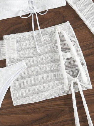طقم تانكيني حريمي Swim 3 قطع ملابس شاطئية صيفية للمرأة بأطقم نحر الكتف: توب تانكيني ذو أكمام طويلة، سروال بيكيني مثلث، وتنورة
