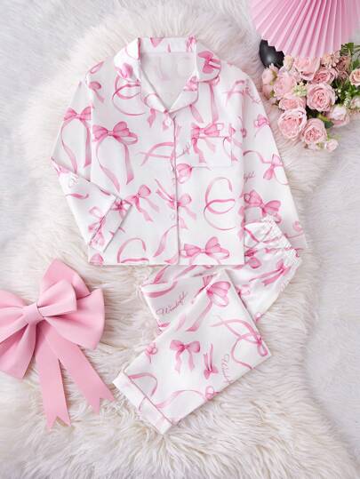 بيجاما مجموعة بيجامة سروال وتوب بياقة وأكمام طويلة مطبوع عليها فيونكة للفتيات بين 9-12 سنة، ملابس منزلية مريحة للارتداء داخل المنزل وخارجه في الربيع والصيف
