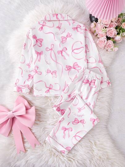 بيجاما مجموعة بيجامة سروال وتوب بياقة وأكمام طويلة مطبوع عليها فيونكة للفتيات بين 9-12 سنة، ملابس منزلية مريحة للارتداء داخل المنزل وخارجه في الربيع والصيف