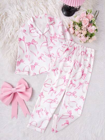 بيجاما مجموعة بيجامة سروال وتوب بياقة وأكمام طويلة مطبوع عليها فيونكة للفتيات بين 9-12 سنة، ملابس منزلية مريحة للارتداء داخل المنزل وخارجه في الربيع والصيف