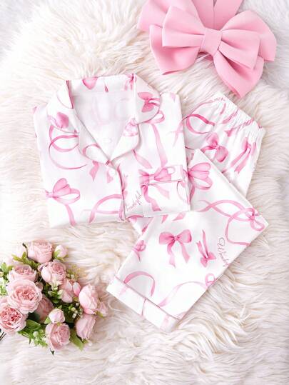 بيجاما مجموعة بيجامة سروال وتوب بياقة وأكمام طويلة مطبوع عليها فيونكة للفتيات بين 9-12 سنة، ملابس منزلية مريحة للارتداء داخل المنزل وخارجه في الربيع والصيف