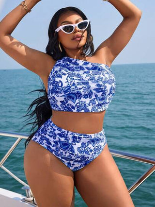 SHEIN Slayr CURVE طقم ملابس سباحة بناتي من النوع التانكيني مقاس كبير، مطبوع بطبعة البيزلي، للرحلات والعطلات الشاطئية