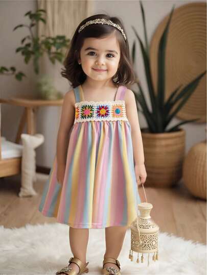 فساتين بيبي فستان بناتي رضيع كاجوال أنيق للمنتجعات ، مصنوع يدويًا بتقنية الكروشيه بأشرطة ملونة ذات حمالات سباغيتي