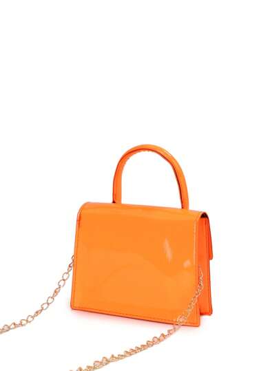 حقيبة الكتف بسلسلة جلدية لاكية لامعة ، موضة